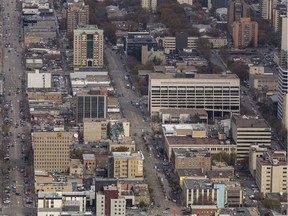 Saskatoon city council is expected to decide this month on whether to introduce bus-only lanes or protected bike lanes to Third Avenue, seen in this Oct. 2, 2018 aerial photo.