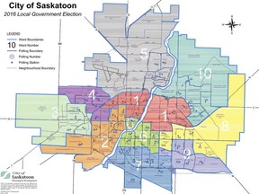 This map of Saskatoon shows the ward boundaries used to elect city councillors in the 2016 municipal election. Changes are being proposed to even out the population between the wards for 2020. (City of Saskatoon)