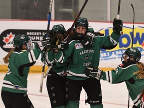 Abby DeCorby of the Saskatoon Stars celebrates her power play goal against Quebec's Pionnieres de Lanaudiere in their semifinal matchup at the Esso Cup Friday. The Stars won 5-1, and advance to Saturday's final at the Canadian women's midget hockey championship in Bridgewater, N.S.