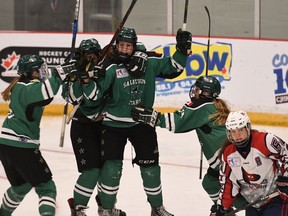 Abby DeCorby, celebrating a goal with teammates during last season's Esso Cup semifinal, hopes for a return trip this month.