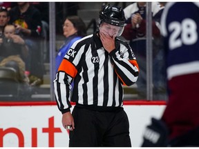 Brad Watson gets emotional Saturday during his final game as an NHL referee.