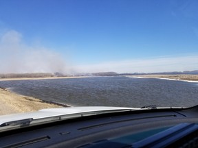 Fire crews battled a large brush fire west of Saskatoon on April 13, 2019. (supplied)