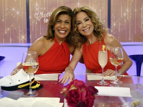 This image released by NBC shows "Today" show hosts Hoda Kotb, left, and Kathie Lee Gifford on the set in New York, Friday, April 5, 2019, on Gifford's last day as co-host. (Nathan Congleton/NBC via AP)
