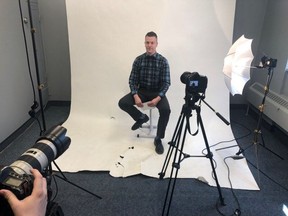 Saskatoon Crime Stoppers coordinator, Cst Ryan Ehalt of the Saskatoon Police Service, takes part in a video for the historical missing persons project. Photo by Morgan Modjeski/Saskatoon StarPhoenix