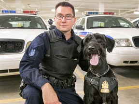 Saskatoon police Const. Chad Molonowich and Tyr, a Giant Schnauzer, at police headquarters on Aug. 11, 2015.