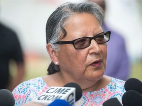 Chief Margaret Bear of the Ochapowace Nation speaks to members of the media at the Justice for our Stolen Children camp across from the Saskatchewan legislative building, which was resurrected just days after police oversaw its deconstruction.