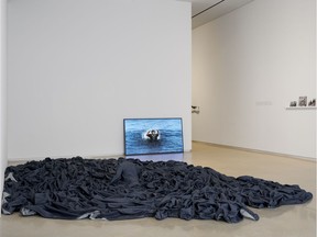 Rebecca Belmore, At Pelican Falls, 2017, video, sculpture, text and photographs. Installation view, Facing the Monumental, Remai Modern, Saskatoon, 2019. Photo: Blaine Campbell. ORG XMIT: Remai Modern