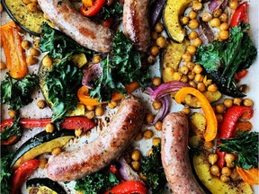 Sheet pan supper with sausages. Leave out the meat for a vegetarian meal.