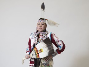 Powwow dancer Connie Starblanket in the Balcarres Community school where she works as a learning support teacher.