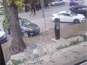 A window with a bullet hole is seen in the second-floor boardroom at Collins Barrow LLP, a Saskatoon accounting firm following a shootout in downtown Saskatoon on Sept. 27, 2017. (Contributed Photo, Saskatoon StarPhoenix)