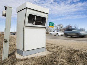 Vehicles cruise past a photo speed enforcement camera along Circle Drive in Saskatoon, SK on Monday, March 25, 2019.