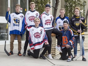 Saskatoon Minor Hockey Association WHL Bantam Draft players Tye Spencer, left to right, Kevin Korchinski, Mason Bueckert, Liam Rodman, Logan McCutcheon, Nolan Flamand, and Ethan Chadwick stand for a photograph in front of the Star Phoenix office in Saskatoon on Thursday, May 2, 2019.