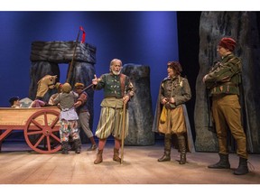 Kent Allen (centre), Alyssa Billingsley (centre right) and Tim Bratton (right) perform a scene from Rosencrantz and Guildenstern Are Dead during a media event in Saskatoon, SK on Tuesday, April 30, 2019.