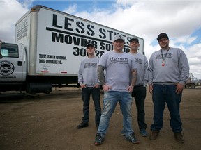 (left to right) Nick Katsiris Jr., Constantin Katsiris, Jamie Peters, and Kyle Doell work for Constantin Katsiris' company Less Stress Moving Solutions in Saskatoon. Photo taken on May 11, 2019.