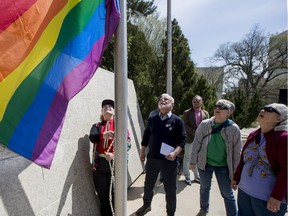 SASKATOON,SK--MAY 14/2019-*0607 news OUT Flag Raising - Participants in OUTSaskatoon's Coffee Row seniors group participate in raising the Pride flag in Civic Square to commemorate the 50th anniversary of the partial decriminalization of homosexuality in Canada.  in Saskatoon, SK on Tuesday, May 14 2019.