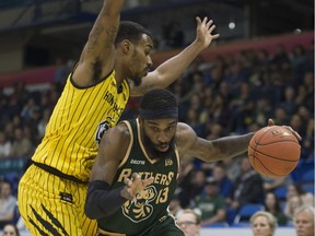 Saskatchewan Rattlers guard Bruce Massey moves the ball during the game at SaskTel Centre in Saskatoon on Thursday, May 16, 2019.