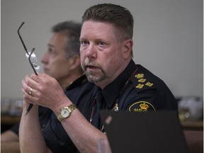 Chief of Police for the Saskatoon Police Service Troy Cooper during a Saskatoon Board of Police Commissioners regarding  a third-party operational review at City Hall in Saskatoon, SK on Thursday, May 17, 2018.