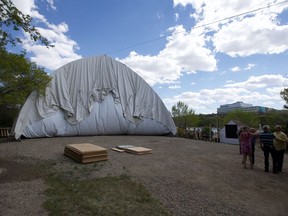 The Shakespeare on the Saskatchewan tent is raised by the river in Saskatoon on May 22, 2019. It's the last time this tent will be set up before a new stage space and bigger tent is put in next year.