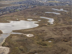 The municipal heritage advisory committee wants heritage designation to be considered by Saskatoon city hall for the Northeast Swale, seen here with the Aspen Ridge and Evergreen neighbourhoods in the background in an October 2018 aerial photo.