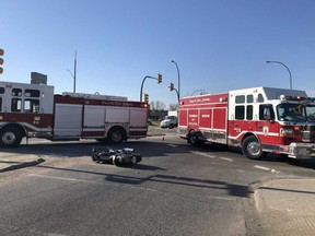 Saskatoon fire crews responded to a single-vehicle collision at the overpass at Eighth Street and Circle Drive on May 21, 2019 around 8:10 a.m. The driver and lone occupant of a motorcycle required medical attention at the scene and was then transported to hospital for treatment of what were believed to be non-life-threatening injuries. (Photo courtesy Saskatoon Fire Department)