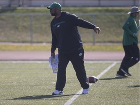 Stephen McAdoo, shown at training camp in Saskatoon, is in his fourth year as the Saskatchewan Roughriders' offensive co-ordinator.