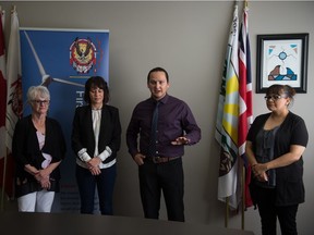 From left, June Draude, consultant with the Autism Research Centre, Keely Wight, executive director of the Autism Research Centre, Cadmus Delorme, Chief of Cowessess First Nation and Jeanelle Mandes, a mother to a child with Autism, stand in the Cowessess urban office on Albert Street during a news conference regarding a new project that will seek to identify and examine Autism on the First Nation.