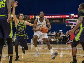 Jelane Pryce of the Saskatchewan Rattlers drives to the basket against the Niagara River Lions during Canadian Elite Basketball League action Friday at SaskTel Centre in Saskatoon. (Liam Richards/Saskatchewan Rattlers)