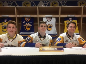 L-R, 2019 WHL Bantam Draft picks Ethan Chadwick, Hayden Smith and Brandon Lisowsky are three of the Blades prospects who will play in the Western Hockey League Cup, starting Oct. 23 in Calgary.