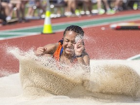 Selena Keyowski from Tommy Douglas High School competes in the long jump during the Bob Adams City Track & Field Championship at Gordie Howe Sports Complex in Saskatoon, SK on Thursday, May 30, 2019.