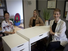 Speech language pathologist Emily Mark, left, with Erin Friesen, another speech language pathologist and Chatelle Cory, the owner of Saskatoon Speech Therapy, at the Saskatoon Speech Therapy offices on Friday May 3, 2019. The three were just part of the eight team members working at Saskatoon Speech Therapy, which offers a wide-variety of speech therapy options for people of all ages.