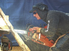 Saskatoon resident and professional power sculptor Doug Lingelbach works on a sculpture of an owl in Prince Albert on May 15, 2019 (Jayda Noyes / Prince Albert Daily Herald)