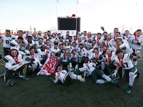 University of Saskatchewan Huskies celebrate after they defeated the University of Calgary Dinos in Hardy Cup CWUAA championship football action in Calgary, Saturday, Nov. 10, 2018.