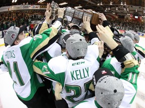 The Prince Albert Raiders hoist the Ed Chynoweth Cup after a 3-2 overtime victory over the Vancouver Giants at Art Hauser Centre on May 13, 2019 in Game 7 of the WHL championship series. Lucas Chudleigh/Apollo Multimedia.