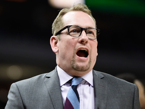 Toronto Raptors head coach Nick Nurse watches as his team plays in Game 5 against the Milwaukee Bucks.