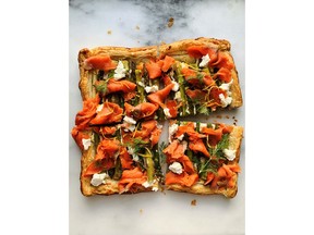 Smoked salmon, asparagus and goat cheese tart