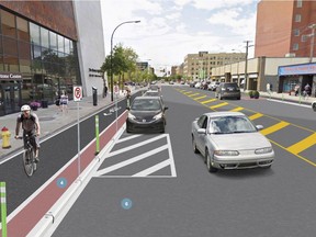 This rendering show proposed protected bike lanes on Third Avenue in downtown Saskatoon. (City of Saskatoon)