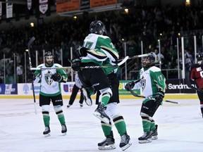 Parker Kelly (leaping) and the Prince Albert Raiders celebrate May 5, 2019 during Game 2 of the WHL championship series against the Vancouver Giants. Lucas Chudleigh/Apollo Multimedia