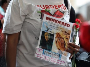 A woman holds a sign during the closing ceremony of the National Inquiry into Missing and Murdered Indigenous Women and Girls in Gatineau, Quebec, on June 3, 2019.