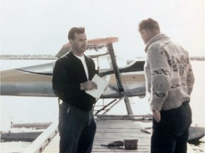 Ray Gran, left, is seen on Aug. 10, 1959, nearby a Cessna 180 which disappeared ten days after the photo was taken. The aircraft was found in Peter Pond Lake in Saskatchewan in January 2019 (Photo courtesy Kapusta family)
