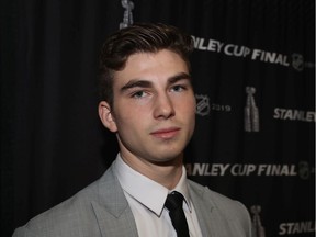 National Hockey League prospect Kirby Dach speaks with the media at Enterprise Center on June 03, 2019 in St Louis, Missouri.