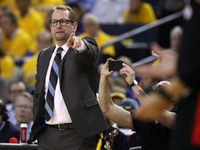 Head coach Nick Nurse of the Toronto Raptors reacts against the Golden State Warriors in the first half during Game Three of the 2019 NBA Finals at ORACLE Arena on June 05, 2019 in Oakland, California.