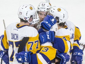 The Saskatoon Blades celebrate a goal against the Prince Albert Raiders during the first period of WHL playoff action at SaskTel Centre in Saskatoon on Sunday, April 14, 2019.