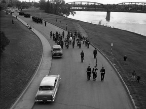 A photo from the annual police parade and inspection, from June 6, 1960. (City of Saskatoon Archives StarPhoenix Collection S-SP-B5206-3)
