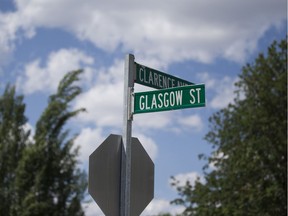 A signpost on the corner of Glasgow Street and Clarence Avenue in Saskatoon, Sk on Monday, June 10, 2019.