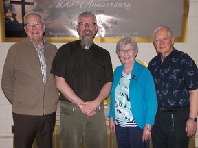 L-R: Al Anderson, outgoing Pastor Randy Meissner, Council President Margaret Fast, and retired Bishop Allan Grundahl.