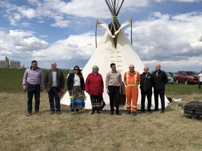 (left to right) Sheldon Wuttunee, president/CEO of The Saskatchewan First Nations Natural Resource Centre of Excellence; Larry Doke, MLA of Cut Knife/Turtleford; Kellie Wuttunee, Indigenous lawyer, Wuttunee Law Office; Chief Sylvia Weenie, Stony Knoll First Nation; Bruce Dawson, manager of historic program and policy, Heritage Conservation Branch; John Hottschalk - plant manager of Compass Minerals; Ben Weber, mayor of Unity; and Carey Baker, director of economic development, Town of Unity, stand for a photo at the Killsquaw Lake renaming ceremony on Tuesday, June 11, 2019. The lake will now be known as Kikiskitotawânawak Iskêwak Lakes, Cree for "We Honour the Women."