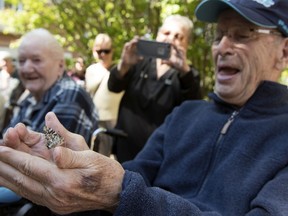 Gilbert McIntaggart holds one of 17 butterflies released at the Wascana Rehabilitation Centre (WRC) in Regina. As part of a project in the veterans' unit's craft room, the veterans at the WRC raised the butterflies inside over several weeks and released them outdoors Tuesday morning.