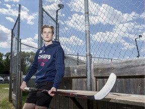Adam Beckman, who is projected to be picked in the second or third round in this weekend's NHL Entry Draft, poses for a photograph at Brevoort Park outdoor hockey rink in Saskatoon on Tuesday, June 18, 2019.