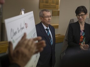 Philanthropist Robert Steane, left and St. Paul's Hospital Executive Director Karen Barber with a novelty cheque during a media event announcement about the Hospice in Glengarda at the St. Pauls Hospital in Saskatoon, SK on Tuesday, June 18, 2019.