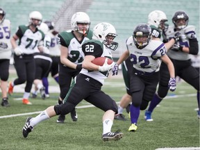 Saskatoon Valkyries' running back Sam Matheson carries the football during their semifinal win over Lethbridge last weekend.